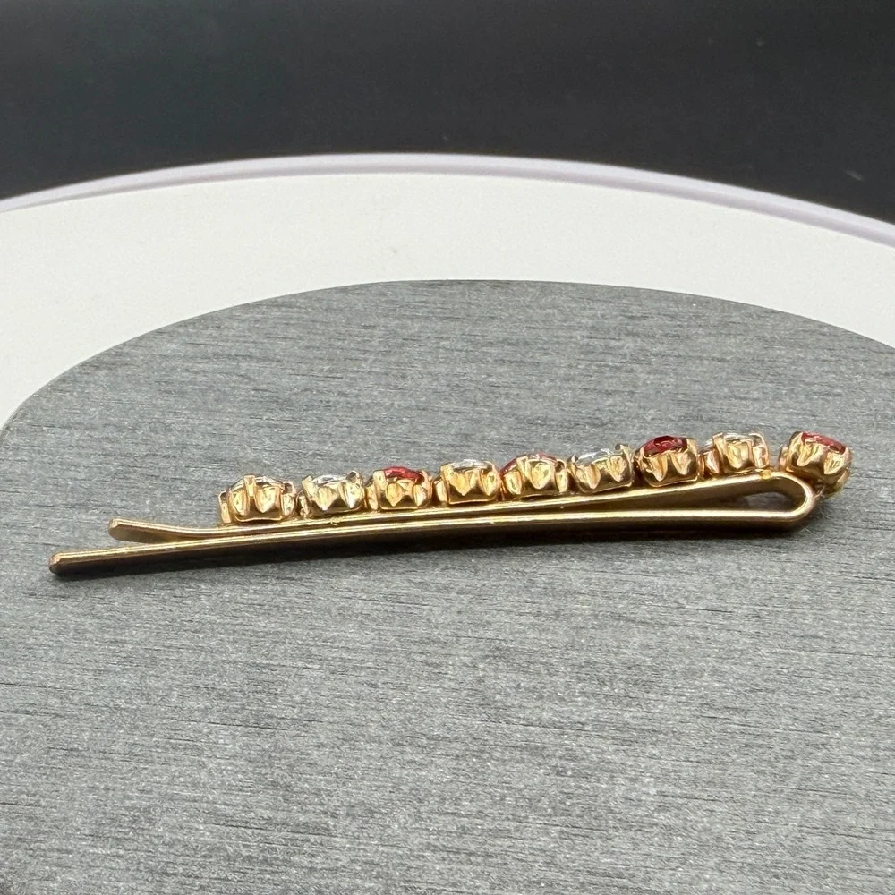 Gold Tone Red Clear Rhinestone Hair Barrette Clip Prong Set Bridal Accessory